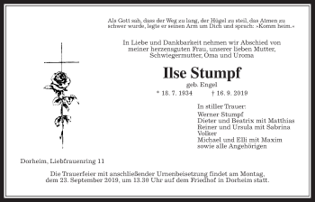 Traueranzeige von Ilse Stumpf von Wetterauer Zeitung