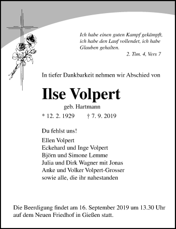 Traueranzeige von Ilse Volpert von Giessener Allgemeine, Alsfelder Allgemeine