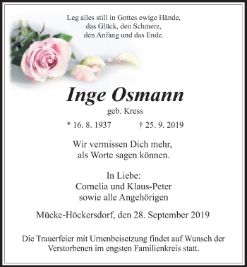 Traueranzeige von Inge Osmann von Alsfelder Allgemeine