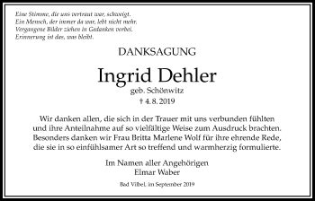 Traueranzeige von Ingrid Dehler von Bad Vilbel/Karben