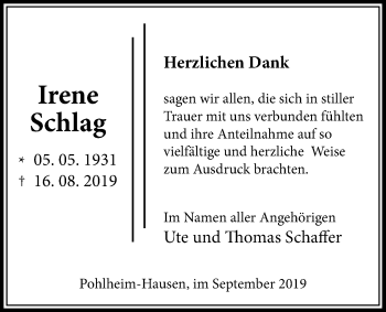 Traueranzeige von Irene Schlag von Pohlheimer Nachrichten
