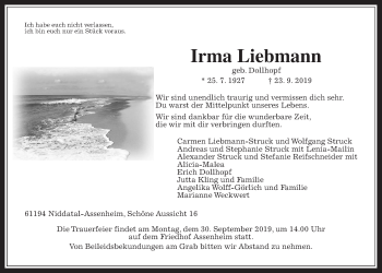 Traueranzeige von Irma Liebmann von Wetterauer Zeitung