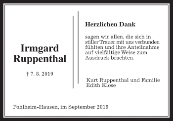 Traueranzeige von Irmgard Ruppenthal von Pohlheimer Nachrichten