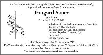 Traueranzeige von Irmgard Sauer von Giessener Allgemeine, Alsfelder Allgemeine