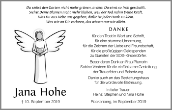 Traueranzeige von Jana Hohe von Wetterauer Zeitung