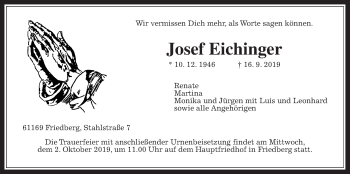 Traueranzeige von Josef Eichinger von Wetterauer Zeitung