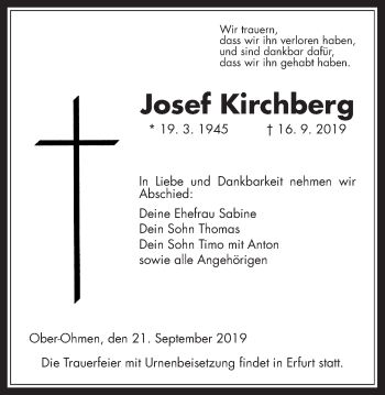 Traueranzeige von Josef Kirchberg von Alsfelder Allgemeine