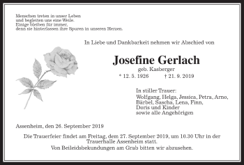 Traueranzeige von Josefine Gerlach von Wetterauer Zeitung