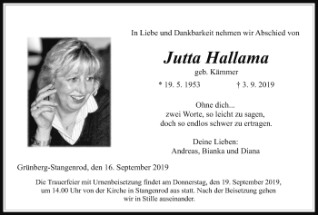 Traueranzeige von Jutta Hallama von Giessener Allgemeine, Alsfelder Allgemeine