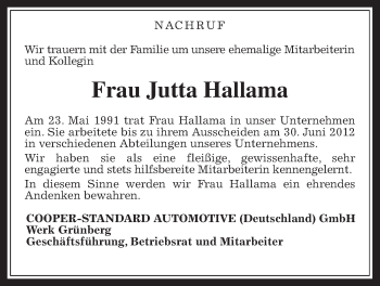 Traueranzeige von Jutta Hallama von Giessener Allgemeine, Alsfelder Allgemeine