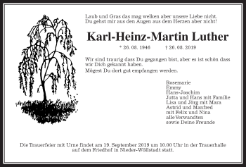 Traueranzeige von Karl-Heinz Martin Luther von Wetterauer Zeitung