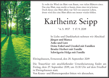 Traueranzeige von Karlheinz Seipp von Alsfelder Allgemeine