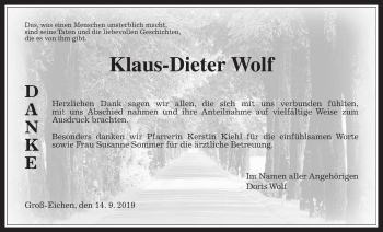 Traueranzeige von Klaus-Dieter Wolf von Giessener Allgemeine, Alsfelder Allgemeine