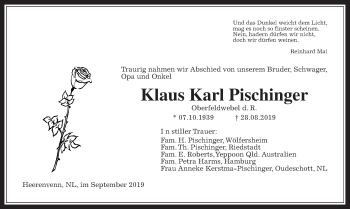 Traueranzeige von Klaus Karl Pischinger von Wetterauer Zeitung