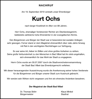 Traueranzeige von Kurt Ochs von Bad Vilbel/Karben