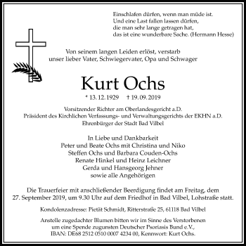 Traueranzeige von Kurt Ochs von Bad Vilbel/Karben