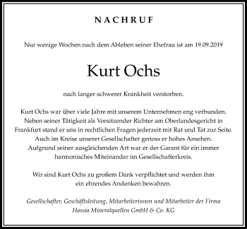 Traueranzeige von Kurt Ochs von Bad Vilbel/Karben