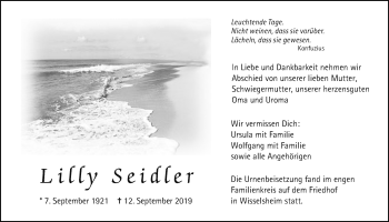 Traueranzeige von Lilly Seidler von Wetterauer Zeitung