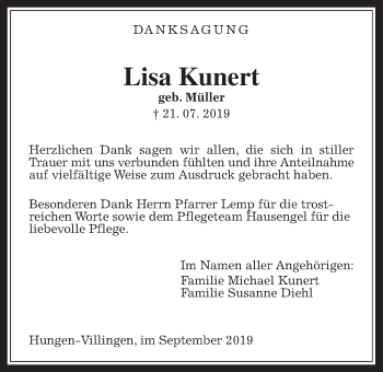 Traueranzeige von Lisa Kunert von Giessener Allgemeine, Alsfelder Allgemeine
