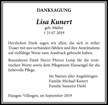 Traueranzeige von Lisa Kunert von Licher Wochenblatt