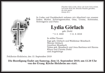Traueranzeige von Lydia Görlach von Giessener Allgemeine, Alsfelder Allgemeine