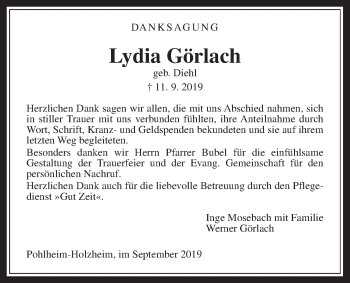 Traueranzeige von Lydia Görlach von Pohlheimer Nachrichten