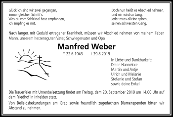 Traueranzeige von Manfred Weber von Licher Wochenblatt