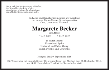 Traueranzeige von Margarete Becker von Alsfelder Allgemeine, Giessener Allgemeine