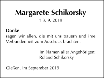 Traueranzeige von Margarete Schikorsky von Giessener Allgemeine, Alsfelder Allgemeine