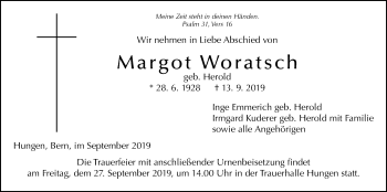 Traueranzeige von Margot Woratsch von Licher Wochenblatt