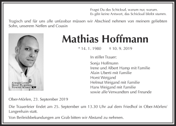 Traueranzeige von Mathias Hoffmann von Wetterauer Zeitung