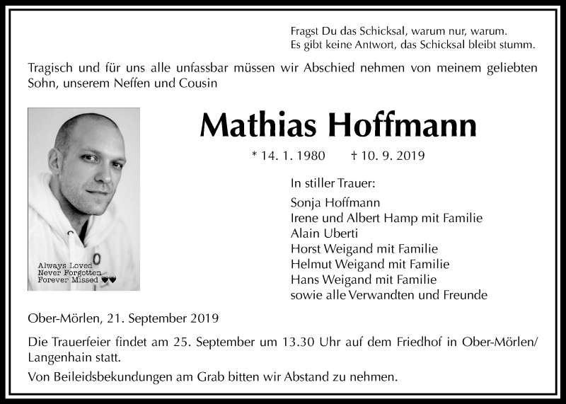  Traueranzeige für Matthias Hoffmann vom 21.09.2019 aus Wetterauer Zeitung