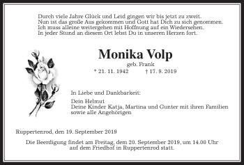 Traueranzeige von Monika Volp von Alsfelder Allgemeine