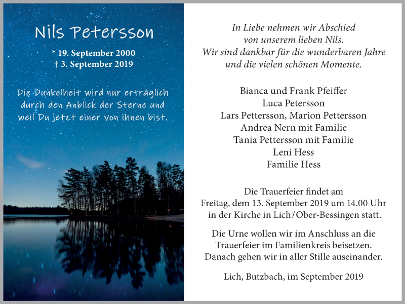  Traueranzeige für Nils Petersson vom 11.09.2019 aus Giessener Allgemeine, Alsfelder Allgemeine