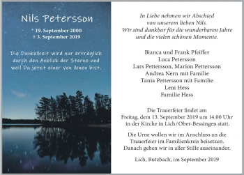 Traueranzeige von Nils Petersson von Licher Wochenblatt