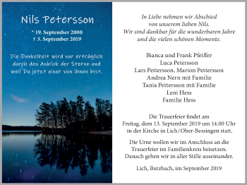 Traueranzeige von Nils Petersson von Giessener Allgemeine, Alsfelder Allgemeine