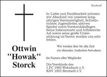 Traueranzeige von Ottwin Storck von Wetterauer Zeitung