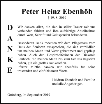 Traueranzeige von Peter Ebenhöh von Giessener Allgemeine, Alsfelder Allgemeine