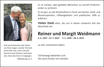Traueranzeige von Reiner und Margit Weidmann von Wetterauer Zeitung