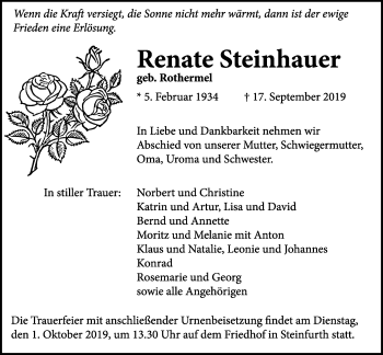 Traueranzeige von Renate Steinhauer von Wetterauer Zeitung