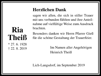 Traueranzeige von Ria Theiß von Licher Wochenblatt