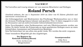 Traueranzeige von Roland Pursch von Wetterauer Zeitung