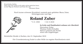 Traueranzeige von Roland Zuber von Wetterauer Zeitung