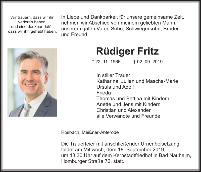  Traueranzeige für Rüdiger Fritz vom 14.09.2019 aus Wetterauer Zeitung
