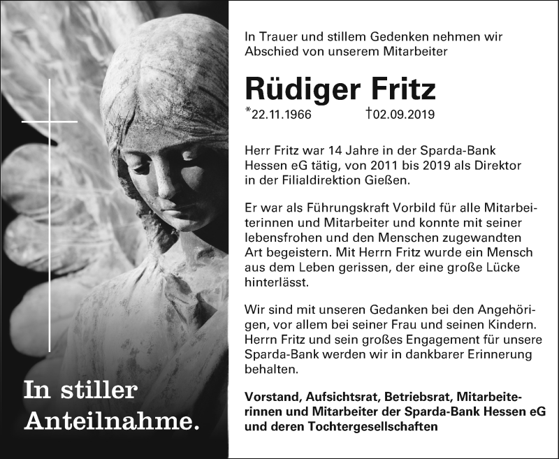  Traueranzeige für Rüdiger Fritz vom 07.09.2019 aus Wetterauer Zeitung, Giessener Allgemeine, Alsfelder Allgemeine