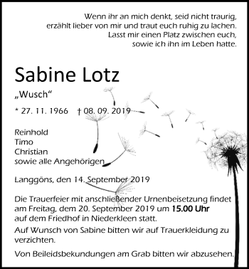 Traueranzeige von Sabine Lotz von Giessener Allgemeine, Alsfelder Allgemeine