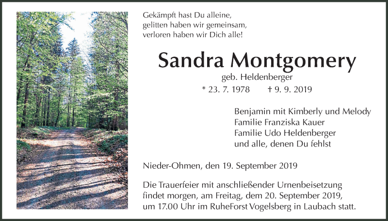  Traueranzeige für Sandra Montgomery vom 19.09.2019 aus Giessener Allgemeine, Alsfelder Allgemeine, Mücker Stimme