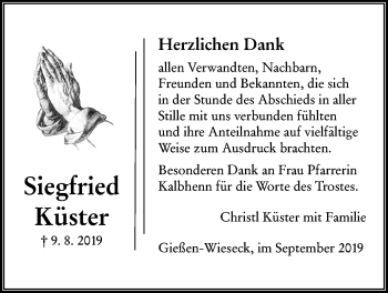 Traueranzeige von Siegfried Küster von Giessener Allgemeine, Alsfelder Allgemeine
