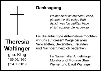 Traueranzeige von Theresia Waltinger von Bad Vilbel/Karben