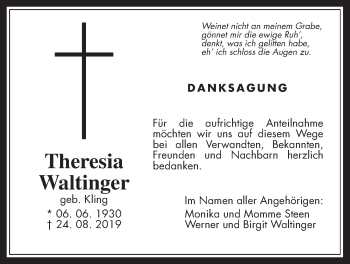 Traueranzeige von Theresia Waltinger von Wetterauer Zeitung